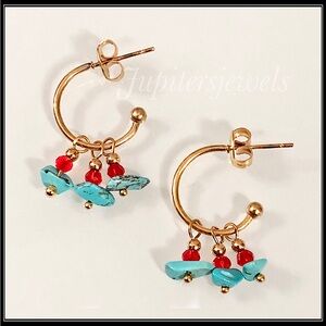 New Gold Boho Simulated Turquoise and Garnet Bead Stone Hoop Earrings